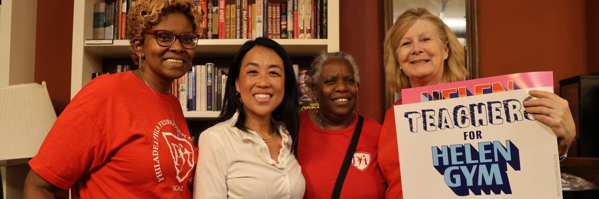 Progressive Philadelphia mayoral candidate Helen Gym met with local educators at a campaign event on May 15, 2023, the day before the city's Democratic primary.  