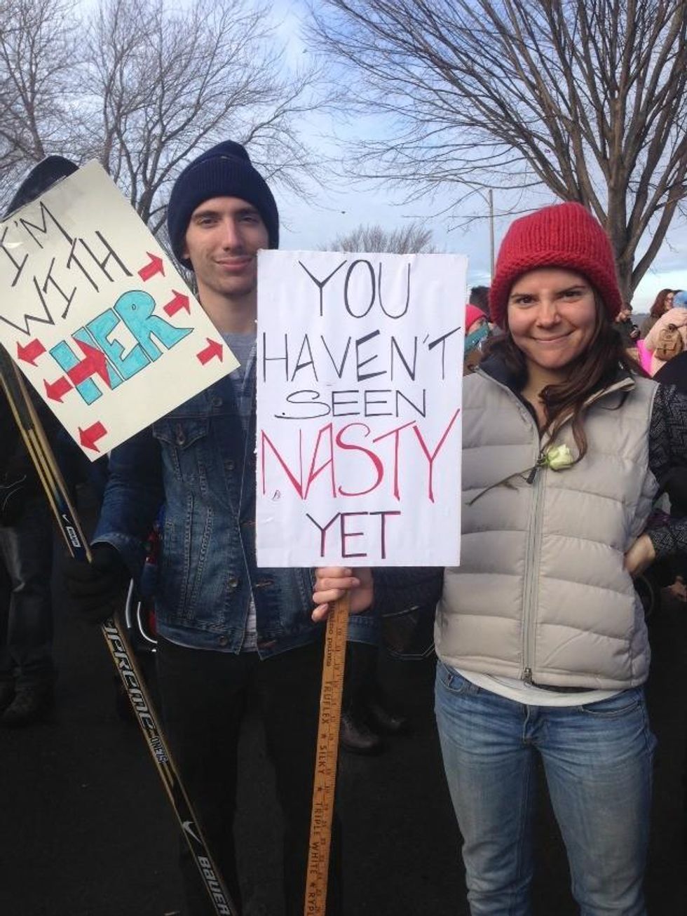 Protest signs in Portland, Maine. (Photo: Lauren McCauley/Common Dreams)