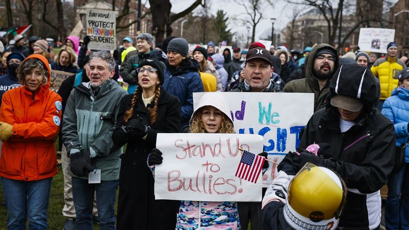 Protest urging Harvard to stand up to Trump.