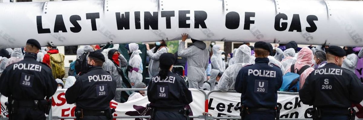 Protesters block the European Gas Conference in Vienna, Austria on March 28, 2023.