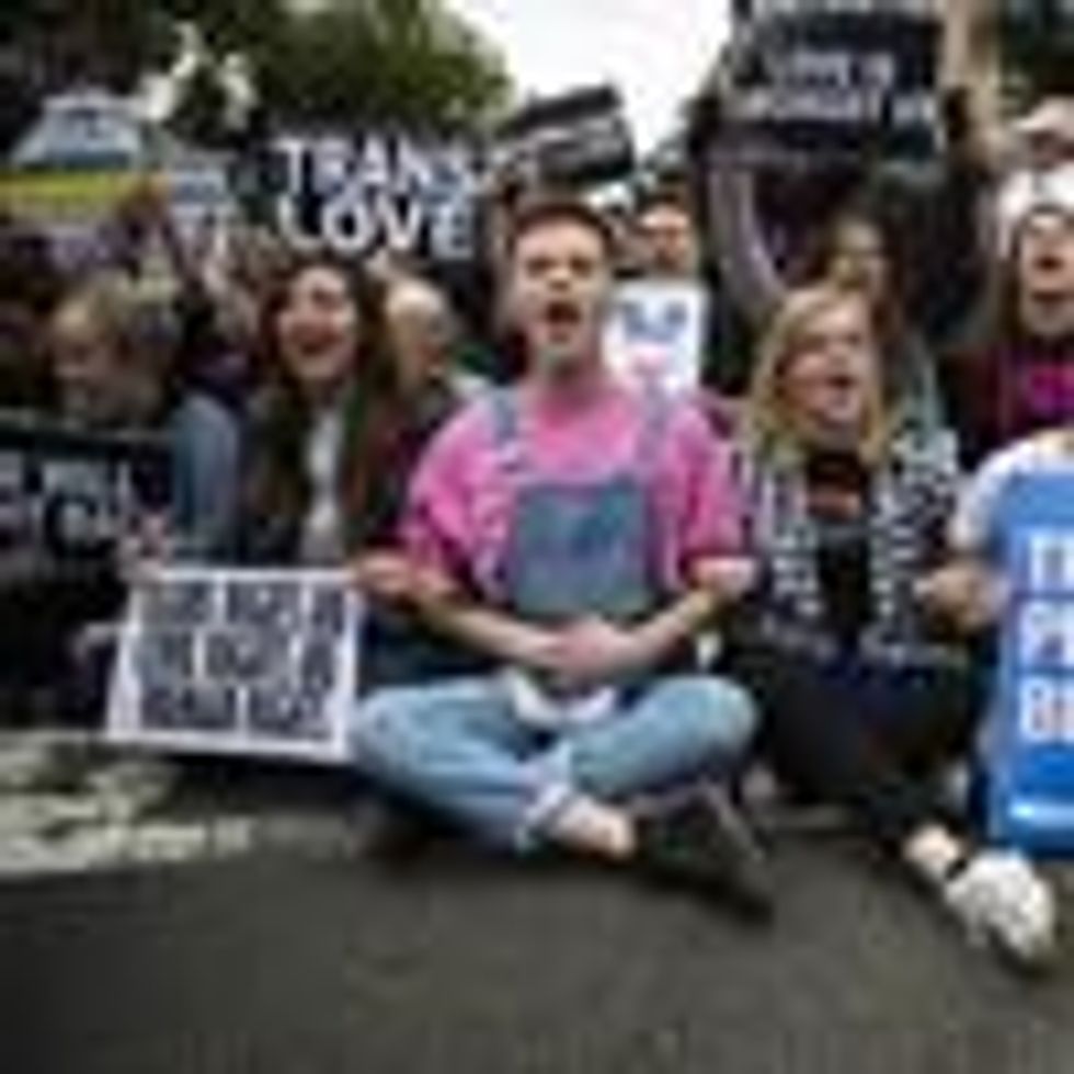 Protesters block the street in front of the Supreme Court as it hears arguments on whether gay and transgender people are covered by a federal law barring discrimination on the basis of sex on Tuesday, Oct. 8, 2019. (Photo: Caroline Brehman/CQ-Roll Call, Inc via Getty Images)