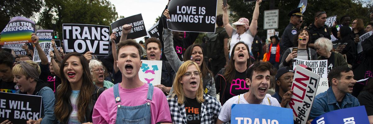 Protesters block the street in front of the Supreme Court as it hears arguments on whether gay and transgender people are covered by a federal law barring discrimination on the basis of sex on Tuesday, Oct. 8, 2019. (Photo: Caroline Brehman/CQ-Roll Call, Inc via Getty Images)