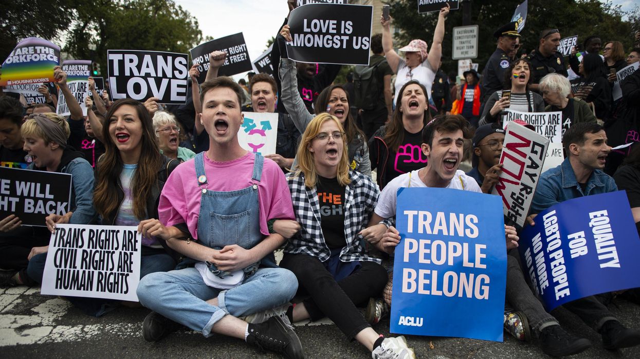 Protesters block the street in front of the Supreme Court as it hears arguments on whether gay and transgender people are covered by a federal law barring discrimination on the basis of sex on Tuesday, Oct. 8, 2019. (Photo: Caroline Brehman/CQ-Roll Call, Inc via Getty Images)