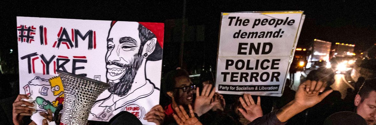Protesters block traffic as they rally against the fatal police assault of Tyre Nichols in Memphis, Tennessee on January 27, 2023.