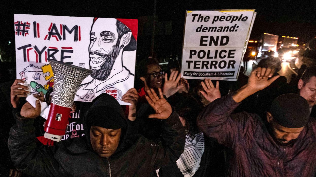 Protesters block traffic as they rally against the fatal police assault of Tyre Nichols in Memphis, Tennessee on January 27, 2023.