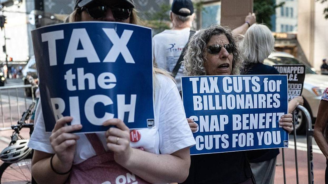 Protesters demonstrate in front of Trump Tower on July 4, 2025 in New York City.