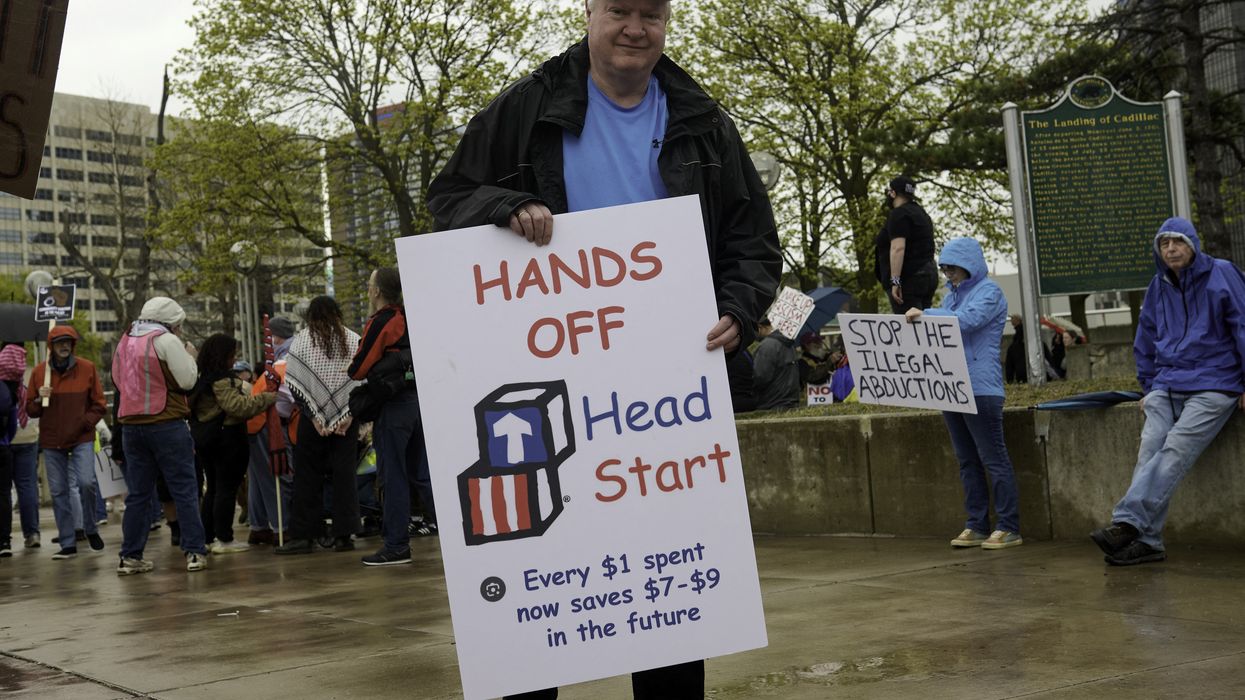 Protesters gather at Hart Plaza in downtown Detroit, Michigan