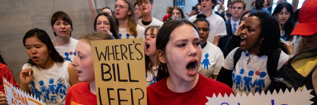 Protesters gather at the Tennessee State Capitol building to call for gun reform laws and show support for the three Democratic representatives who are facing expulsion on April 6, 2023 in Nashville.