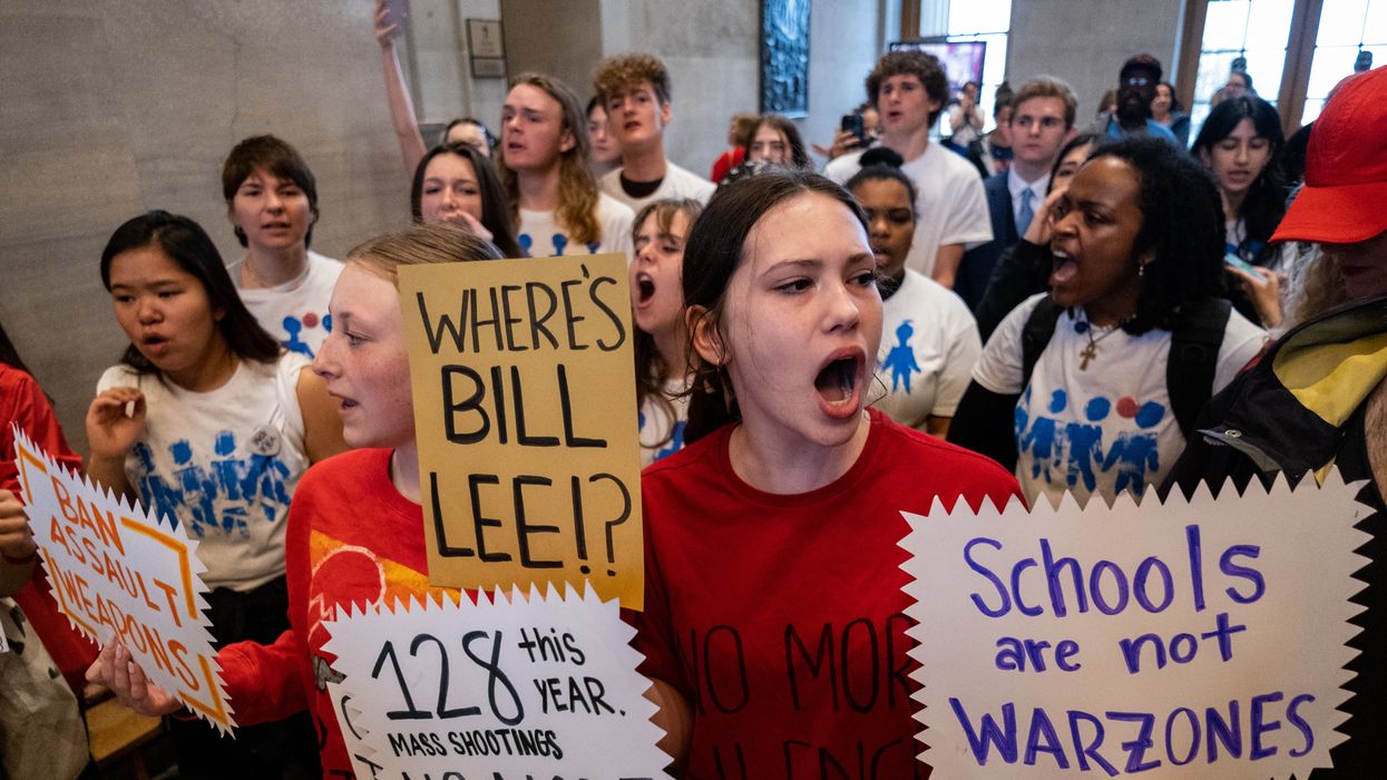 Protesters gather at the Tennessee State Capitol building to call for gun reform laws and show support for the three Democratic representatives who are facing expulsion on April 6, 2023 in Nashville.