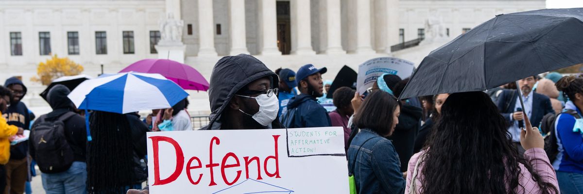 Protesters gather in front of the U.S. Supreme Court as affirmative action cases involving Harvard and University of North Carolina admissions are heard by the court in Washington, D.C. on October 31, 2022.