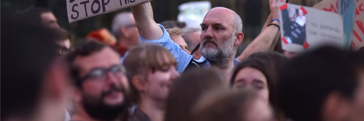 Protesters gather in Westminster to protest against the government proroguing parliament on August 28, 2019 in London, England