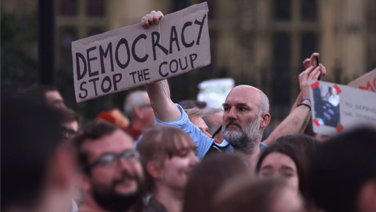 Protesters gather in Westminster to protest against the government proroguing parliament on August 28, 2019 in London, England