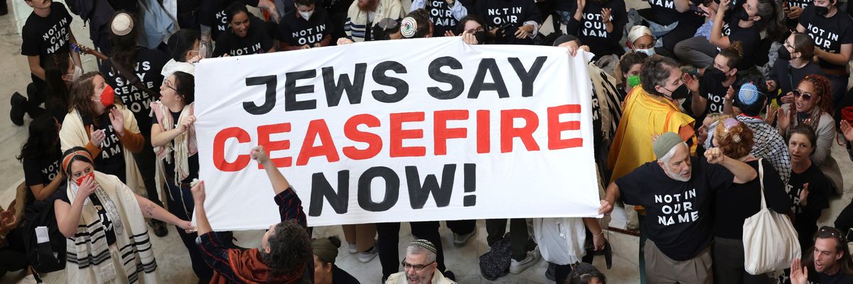 Protesters hold a demonstration in support of a cease-fire in Gaza
