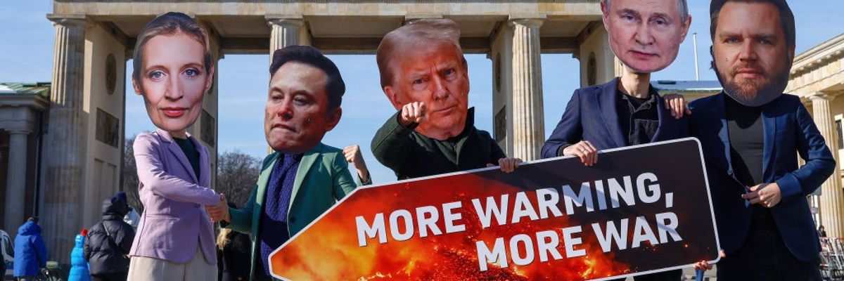 Protesters in masks of Alice Weidel, Elon Musk, Donald Trump, Vladimir Putin, and JD Vance in Berlin.