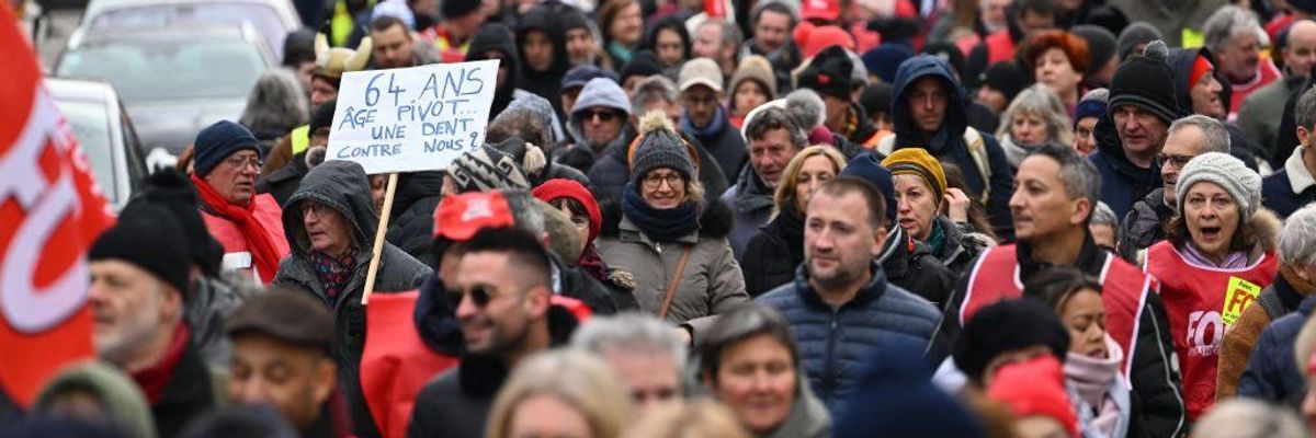 Protesters march in Mulhouse, France on January 31, 2023.