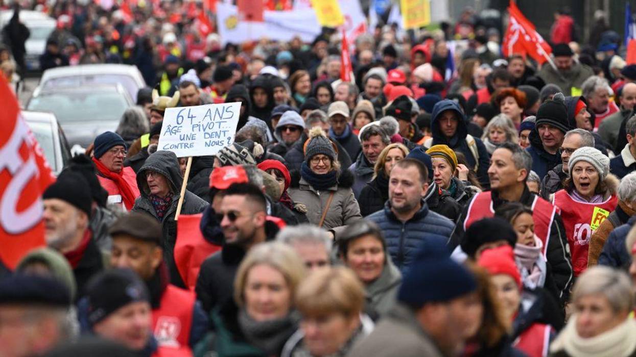 Protesters march in Mulhouse, France on January 31, 2023.