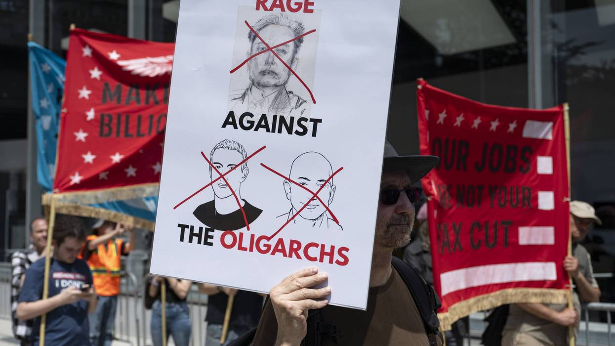 Protesters march in New York during a protest against MAGA billionaires