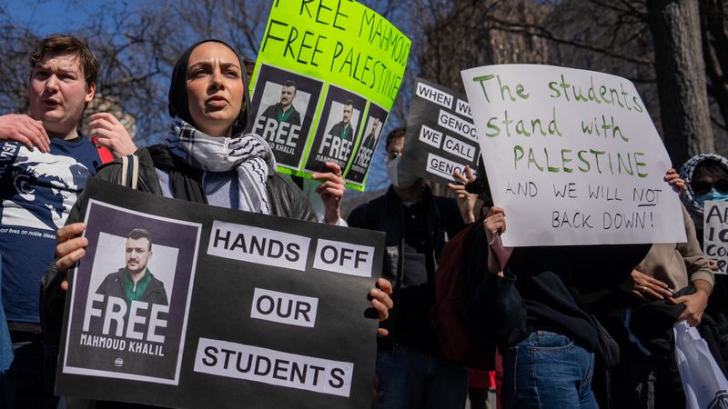 Protesters march to demand release of Mahmoud Khalil.