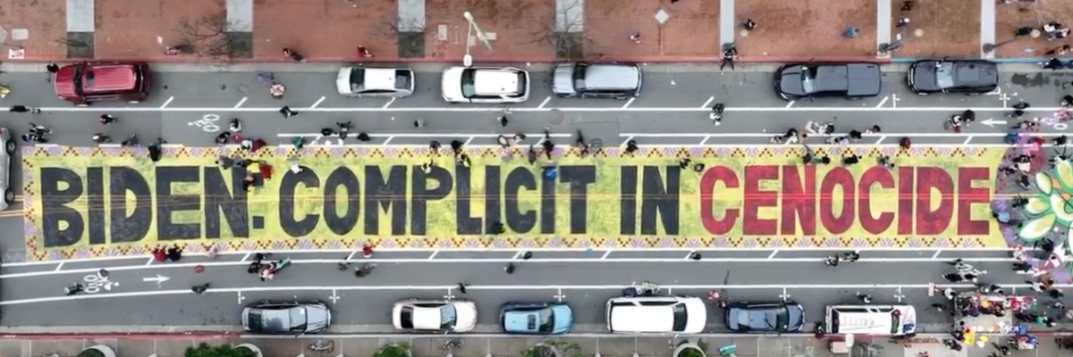 Protesters painted the message, "Biden complicit in genocide"