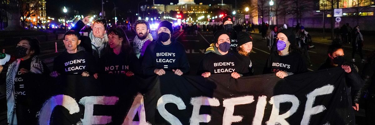 Protesters with Jewish Voice For Peace, American Friends Service and other groups block Biden's motorcade to the State of the Union speech