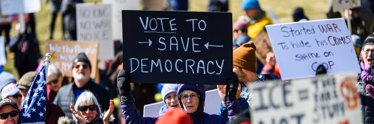 Protestors at a No Kings anti-Trump demonstration at the Vermont State House in Montpelier, Vermont.