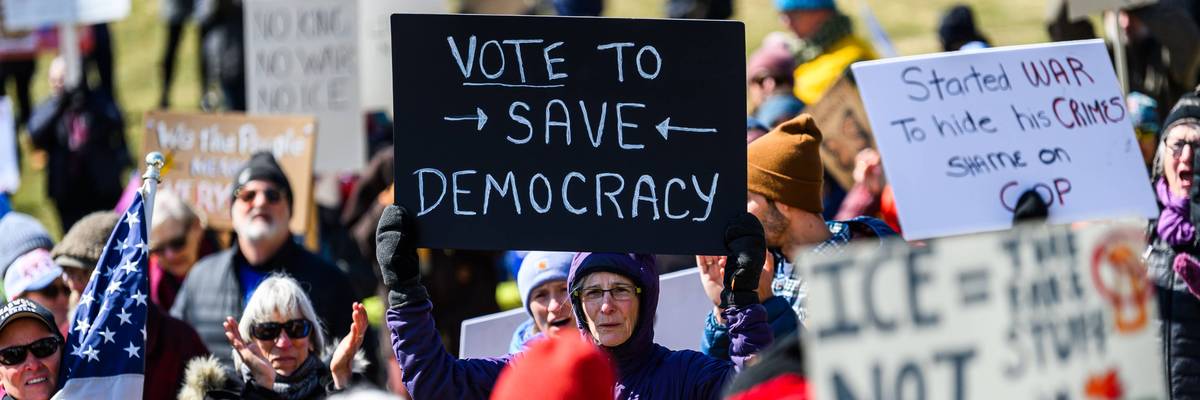 Protestors at a No Kings anti-Trump demonstration at the Vermont State House in Montpelier, Vermont.