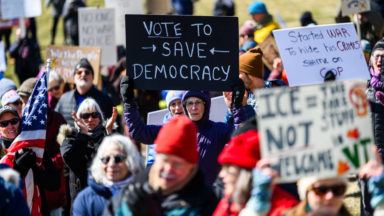 Protestors at a No Kings anti-Trump demonstration at the Vermont State House in Montpelier, Vermont.