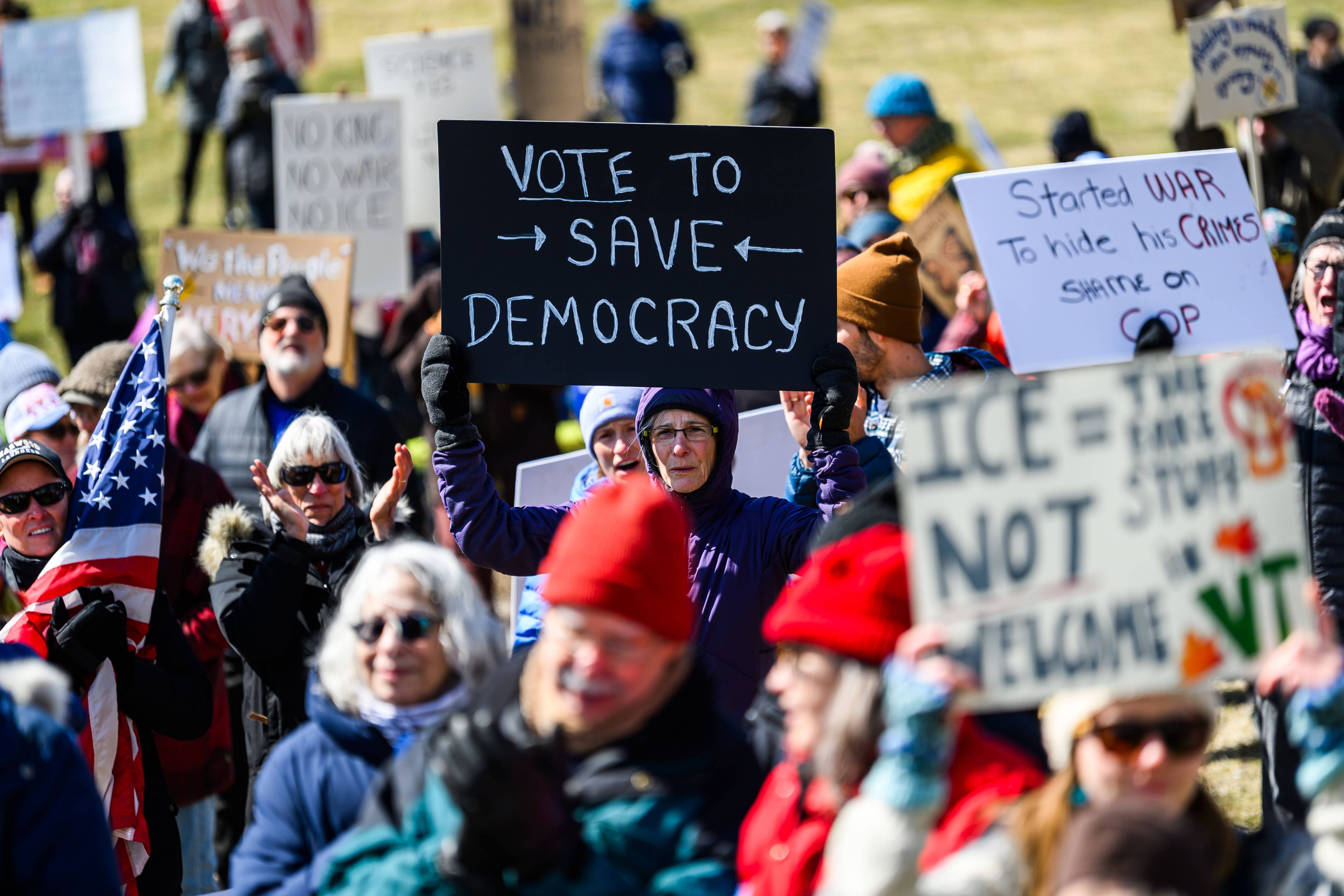 Protestors at a No Kings anti-Trump demonstration at the Vermont State House in Montpelier, Vermont.