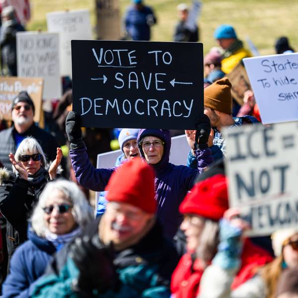 Protestors at a No Kings anti-Trump demonstration at the Vermont State House in Montpelier, Vermont.