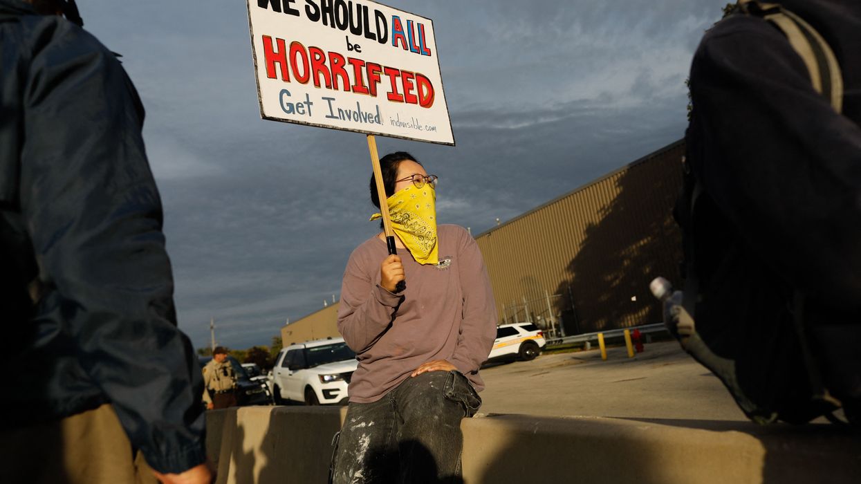 Protestors demonstrate near a US Immigration and Customs Enforcement detention facility in Broadview,