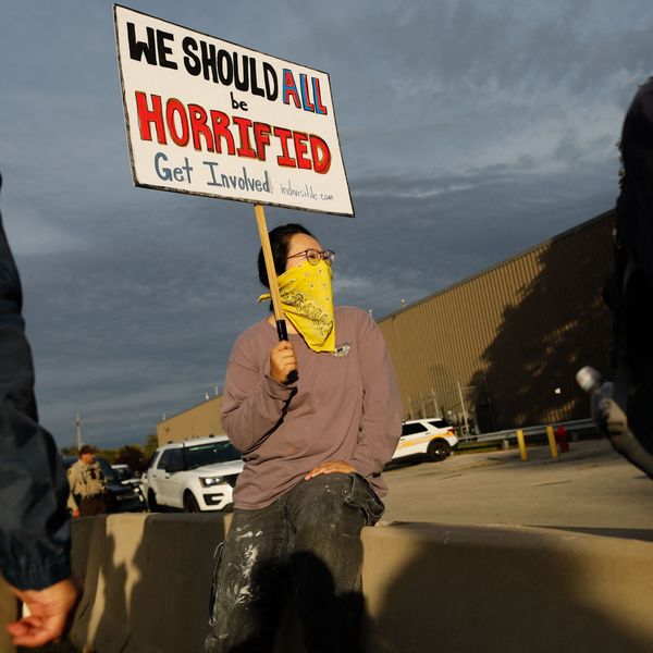 Protestors demonstrate near a US Immigration and Customs Enforcement detention facility in Broadview,