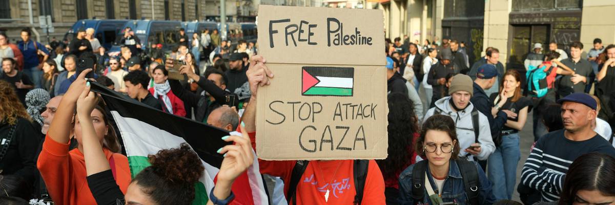 Protestors hold Palestinian flags and placards