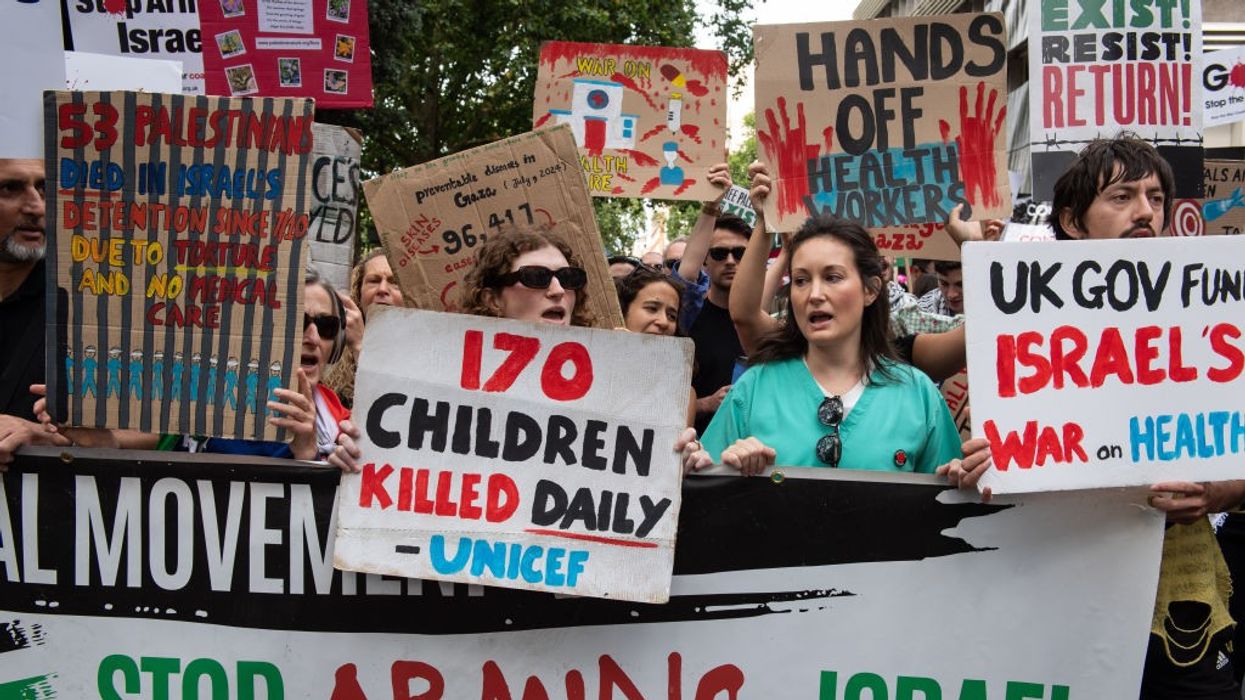 protestors hold pro-Palestinian placards in London