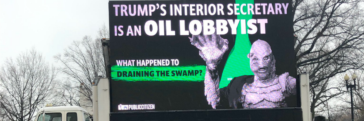 With Bedrock Environmental Law Under Threat, Video Billboard Casts Interior Secretary as Trumpian 'Swamp Monster'