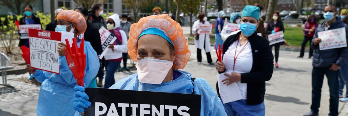 Public health workers, doctors, and nurses protest over lack of sick pay and personal protective equipment outside a hospital in the Bronx on April 17, 2020. (Photo: Giles Clarke via Getty Images)