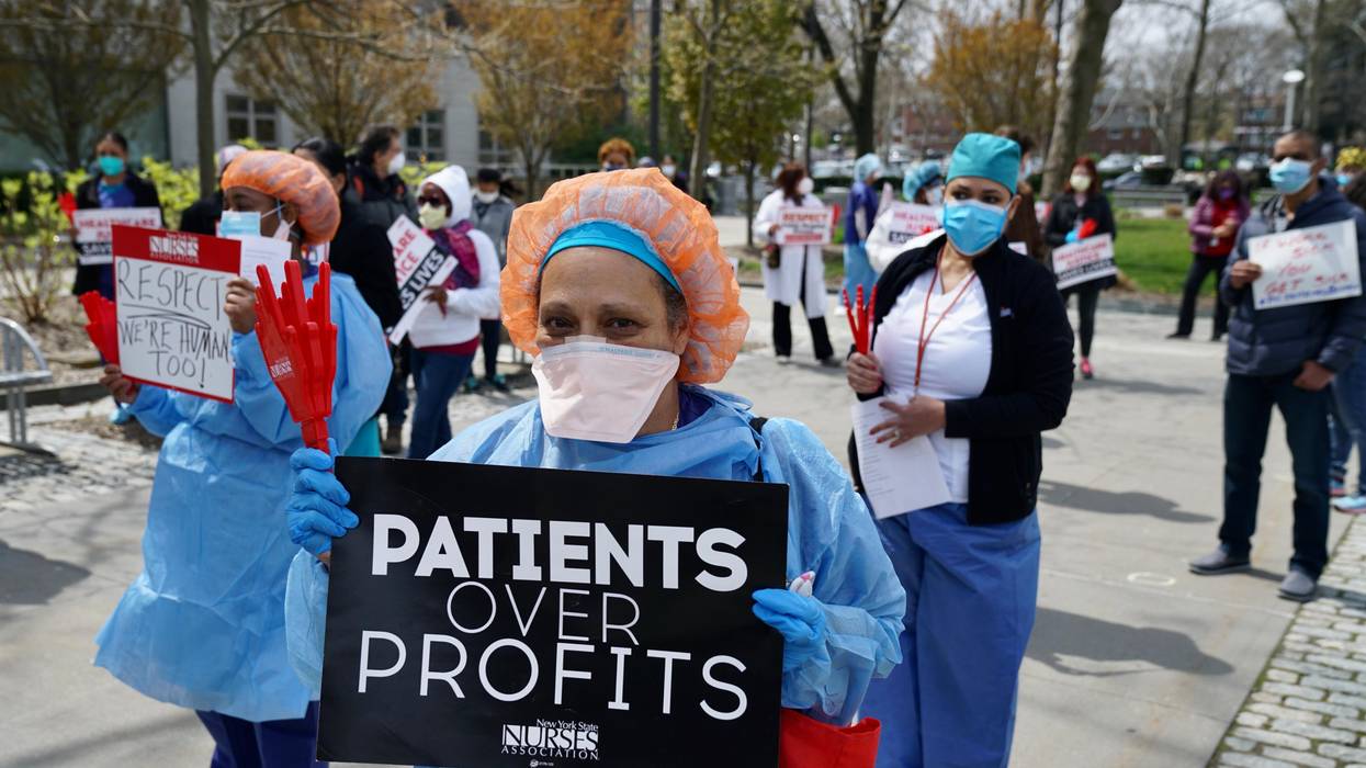Public health workers, doctors, and nurses protest over lack of sick pay and personal protective equipment outside a hospital in the Bronx on April 17, 2020