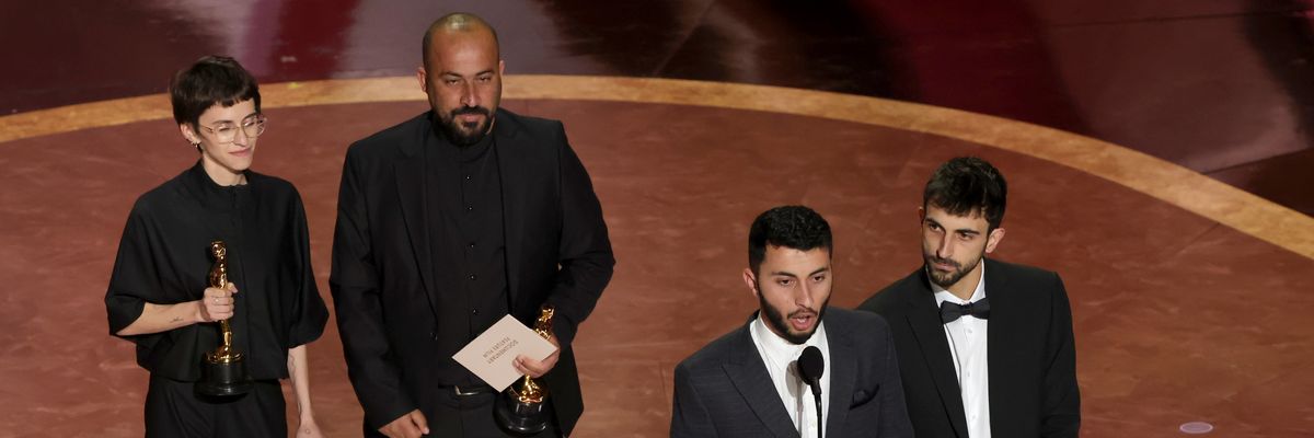 Rachel Szor, Hamdan Ballal, Basel Adra, and Yuval Abraham accept the Documentary Feature Film Academy Award