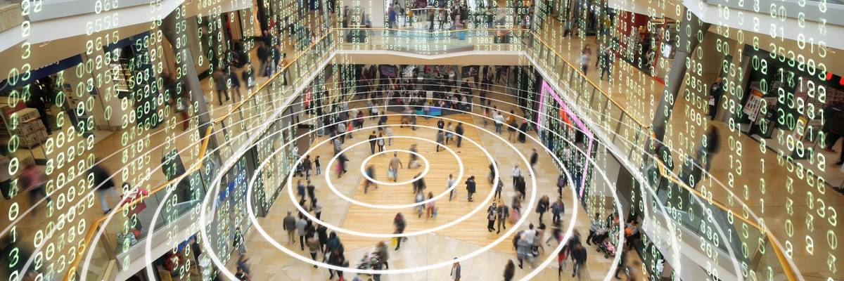 Radio waves spreading out from a mobile phone in a shopping mall