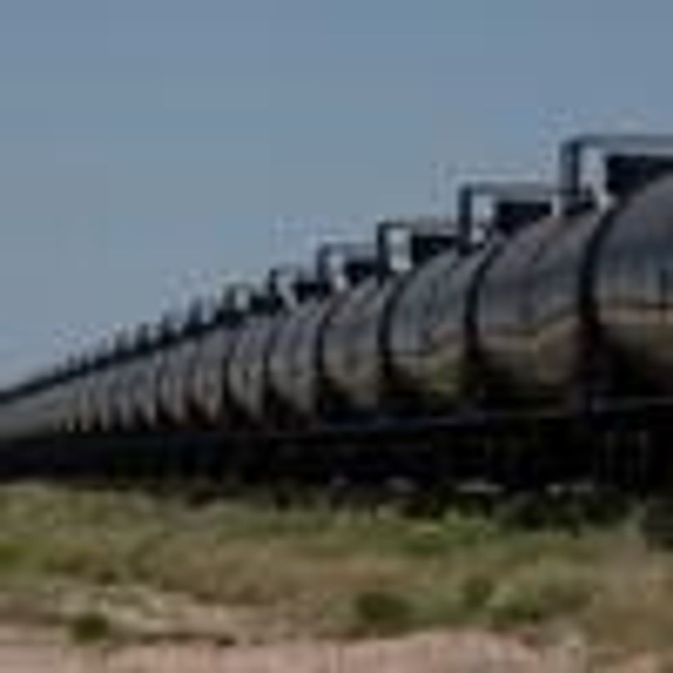 Rail cars carrying crude oil are seen on April 24, 2020 near Odessa, Texas.