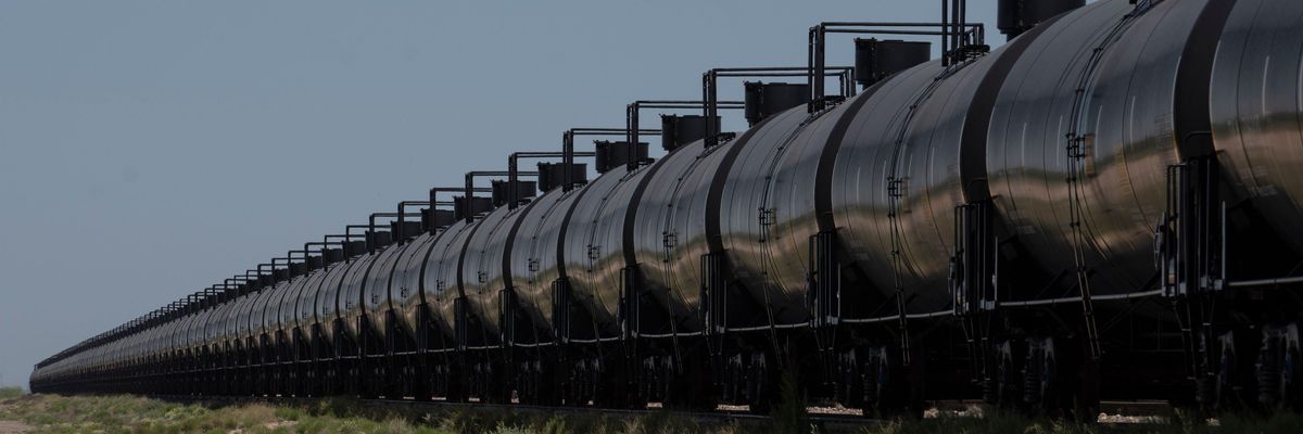 Rail cars carrying crude oil are seen on April 24, 2020 near Odessa, Texas.
