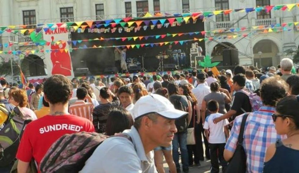 Rally in Lima, Peru, in support of Maxima Acuna de Chaupe, an Indigenous woman from Peru being prosecuted for trying to keep her land. (Photo: Grassroots Global Justice Alliance)