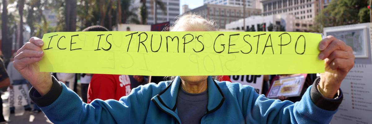 Rally, protest, ICE, protest against ICE, protest against incursion into Venezuela, Pershing Square protest, DTLA