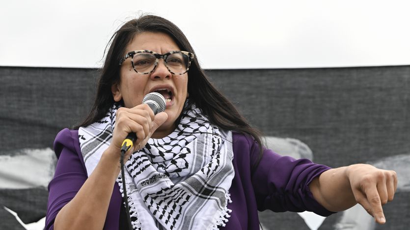 Rashida Tlaib speaks while wearing a keffiyeh