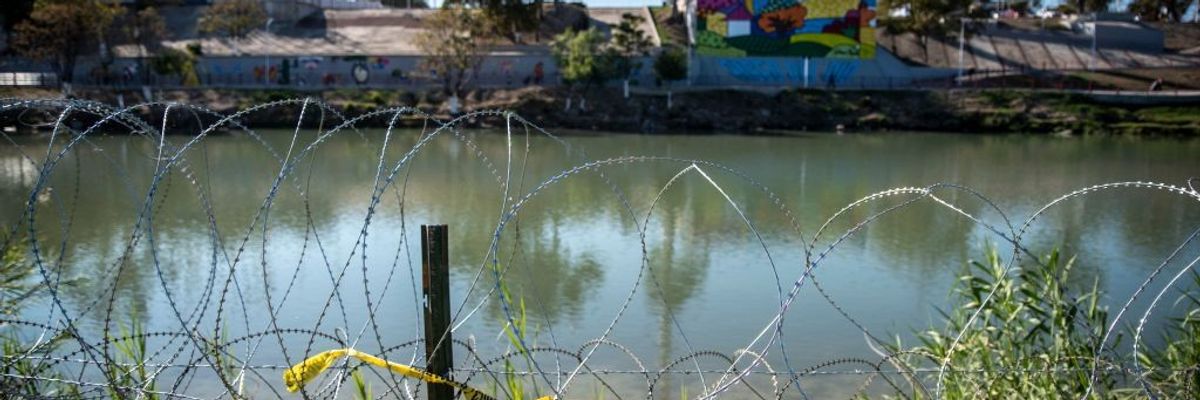 Razor wire in front of the Rio Grande in Texas.
