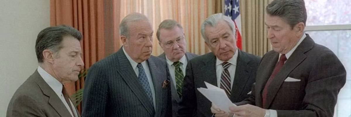 Reagan discusses Iran-Contra in Oval Office.