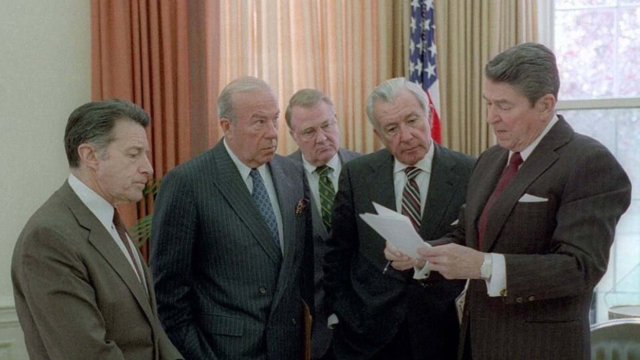 Reagan discusses Iran-Contra in Oval Office.
