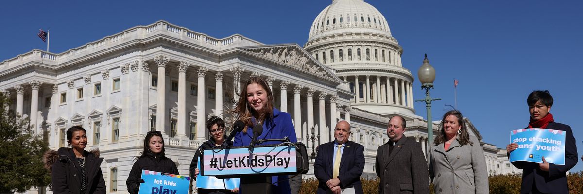 Rebekah Bruesehoff, a transgender student athlete, speaks at a press conference on LGBTQI+ rights at the U.S. Capitol on March 8, 2023 in Washington, D.C. 