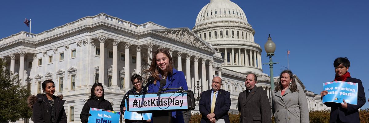 Rebekah Bruesehoff, a transgender student athlete, speaks at a press conference on LGBTQI+ rights at the U.S. Capitol on March 8, 2023 in Washington, D.C. ​