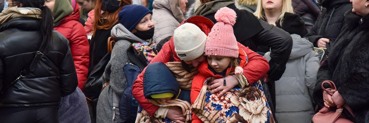 Refugees on the platform of Lviv, Ukraine railway station are seen on Feb. 27, 2022 waiting for trains to Poland due to Russia's military invasion of Ukraine.