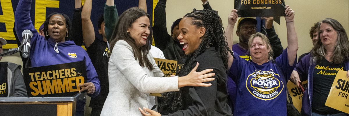 Rep. Alexandria Ocasio-Cortez (D-N.Y.) embraces Rep. Summer Lee (D-Penn.)